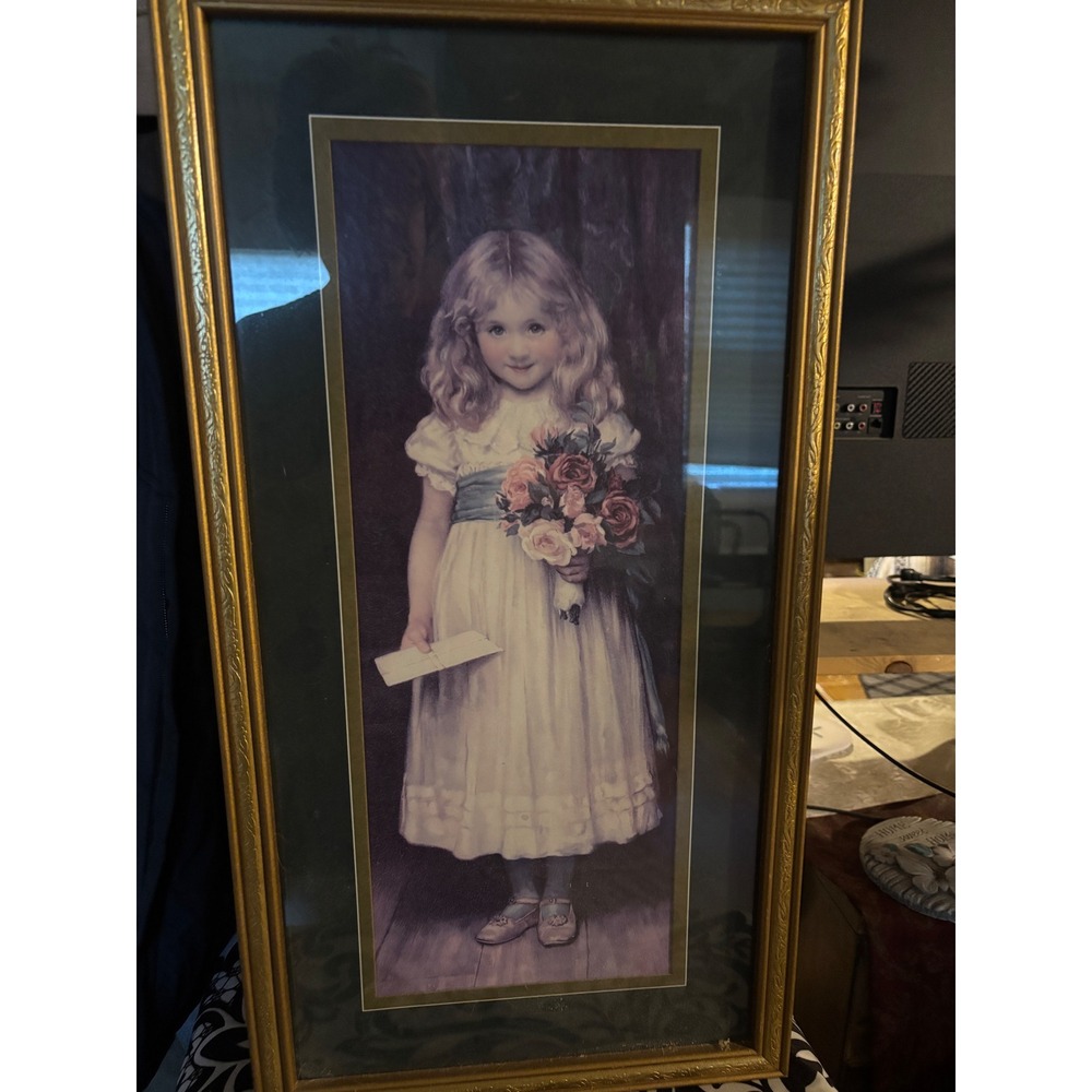 Home Interiors & Gifts Vintage Framed Art Girl with Roses Gold Frame 24x12